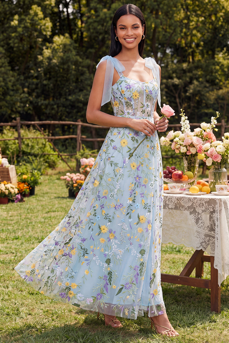 Load image into Gallery viewer, Blue Flower Maxi A Line Corset Beach Formal Dress with Bows