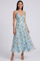 Load image into Gallery viewer, V-Neck Blue Flower Maxi Beach A Line Formal Dress