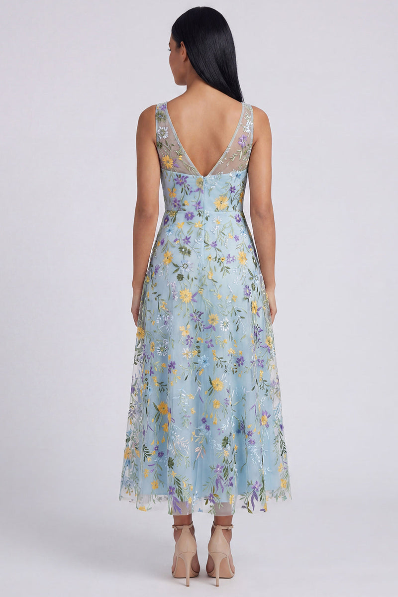 Load image into Gallery viewer, V-Neck Blue Flower Maxi Beach A Line Formal Dress