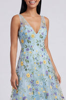 Load image into Gallery viewer, V-Neck Blue Flower Maxi Beach A Line Formal Dress