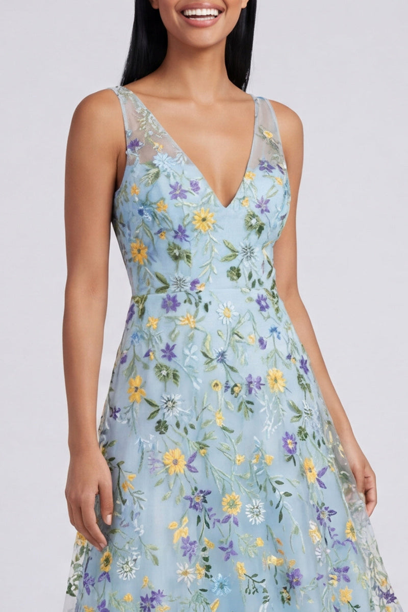 Load image into Gallery viewer, V-Neck Blue Flower Maxi Beach A Line Formal Dress