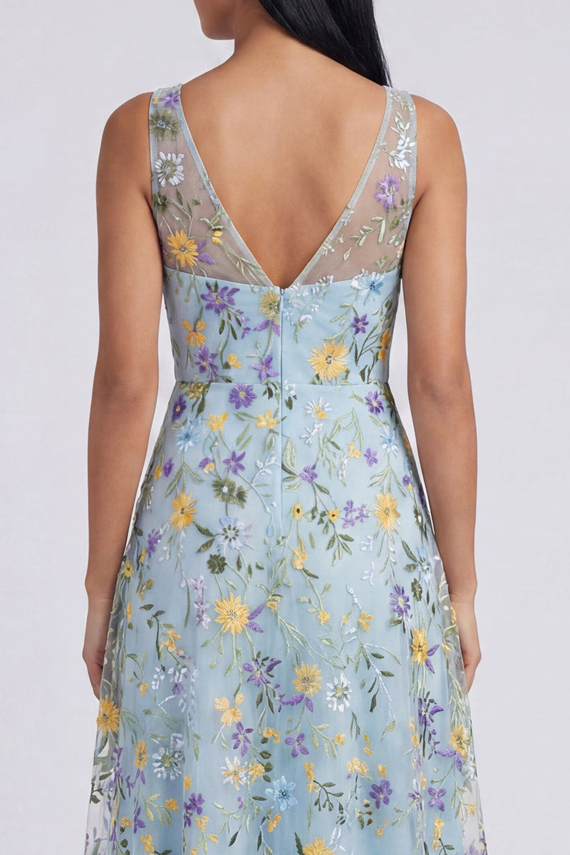 Load image into Gallery viewer, V-Neck Blue Flower Maxi Beach A Line Formal Dress