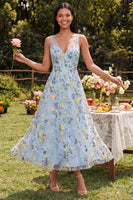 Load image into Gallery viewer, V-Neck Blue Flower Maxi Beach A Line Formal Dress