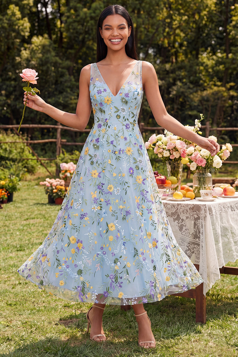 Load image into Gallery viewer, V-Neck Blue Flower Maxi Beach A Line Formal Dress