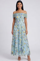 Load image into Gallery viewer, Off the Shoulder Blue Flower A Line Beach Maxi Formal Dress