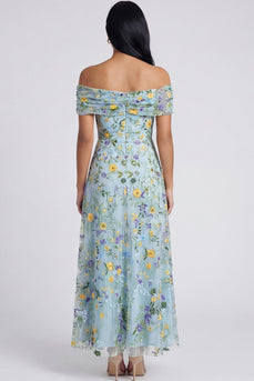 Off the Shoulder Blue Flower A Line Beach Maxi Formal Dress