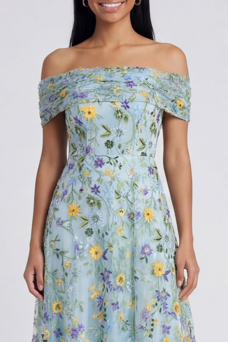 Load image into Gallery viewer, Off the Shoulder Blue Flower A Line Beach Maxi Formal Dress