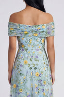 Load image into Gallery viewer, Off the Shoulder Blue Flower A Line Beach Maxi Formal Dress