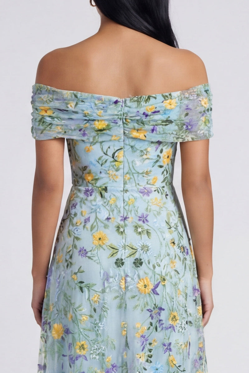 Load image into Gallery viewer, Off the Shoulder Blue Flower A Line Beach Maxi Formal Dress
