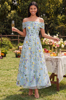 Load image into Gallery viewer, Off the Shoulder Blue Flower A Line Beach Maxi Formal Dress