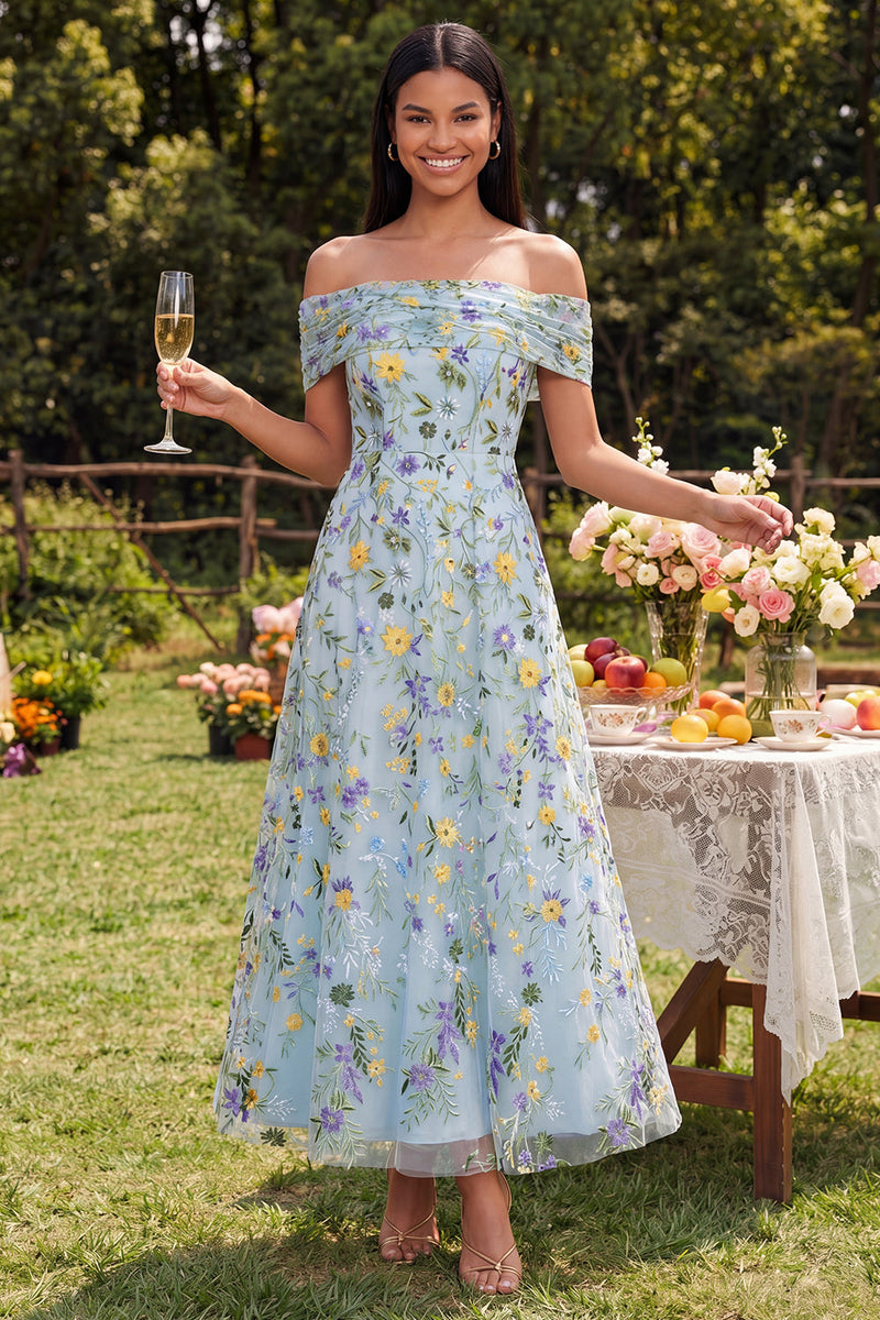 Load image into Gallery viewer, Off the Shoulder Blue Flower A Line Beach Maxi Formal Dress