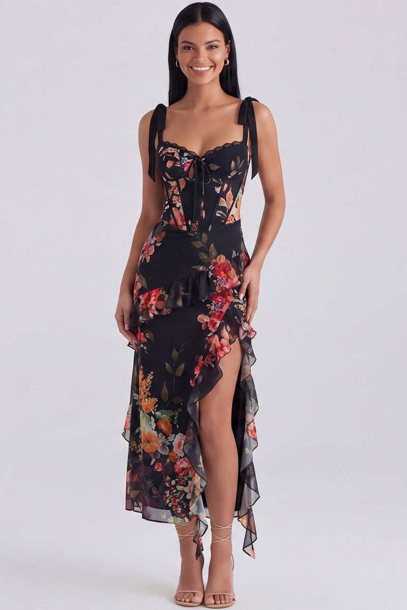 Load image into Gallery viewer, Floral Ivory Corset Sheath Ruffled Maxi Beach Formal Dress with Bows