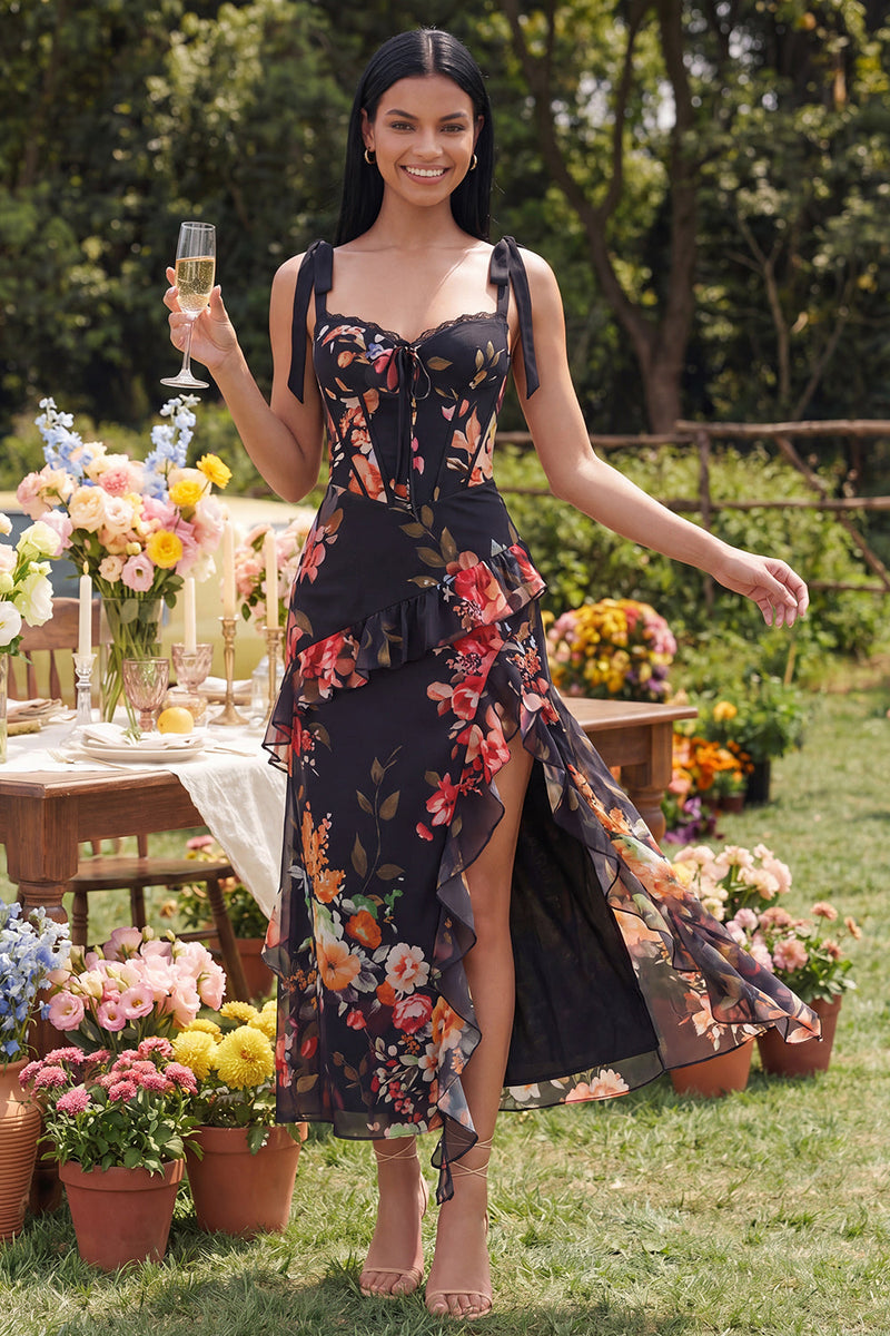 Load image into Gallery viewer, Floral Ivory Corset Sheath Ruffled Maxi Beach Formal Dress with Bows