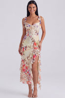 Load image into Gallery viewer, Floral Ivory Corset Sheath Ruffled Maxi Beach Formal Dress with Bows