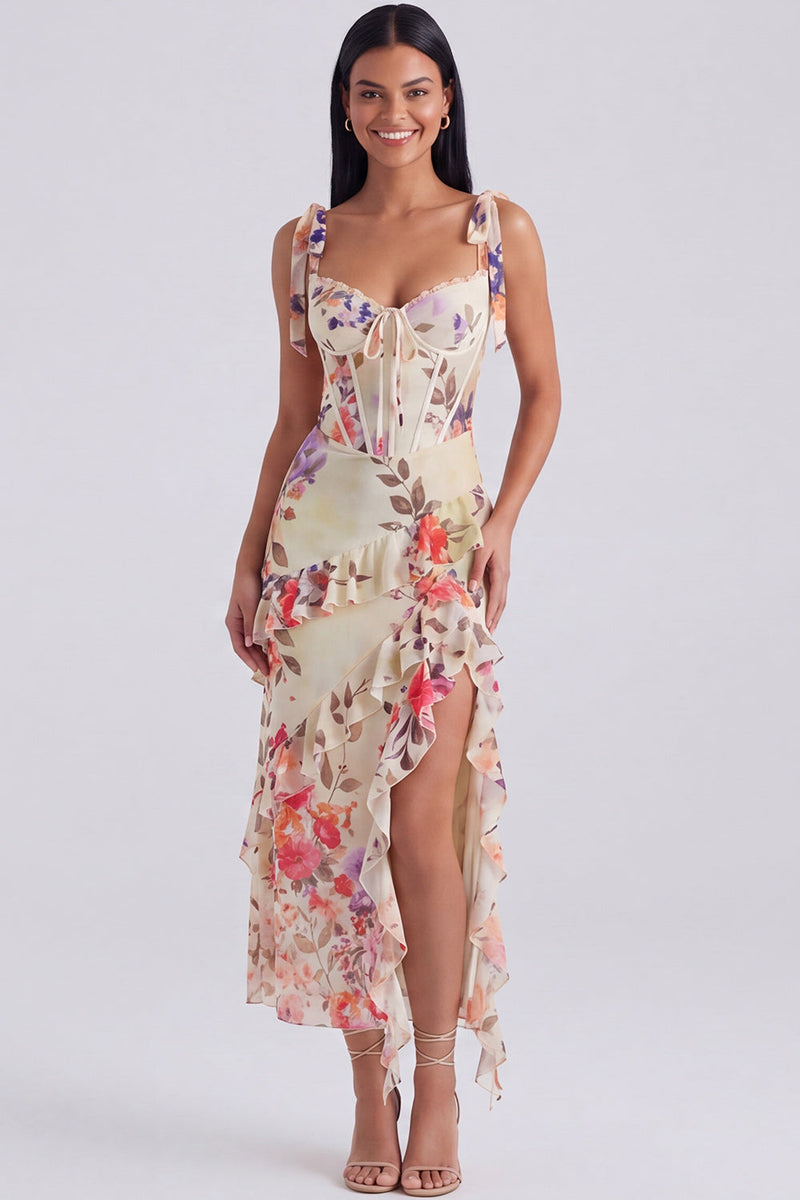 Load image into Gallery viewer, Floral Ivory Corset Sheath Ruffled Maxi Beach Formal Dress with Bows