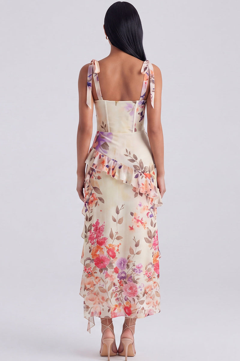 Load image into Gallery viewer, Floral Ivory Corset Sheath Ruffled Maxi Beach Formal Dress with Bows