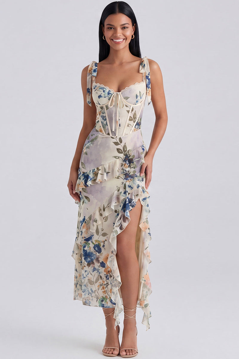 Load image into Gallery viewer, Floral Ivory Corset Sheath Ruffled Maxi Beach Formal Dress with Bows