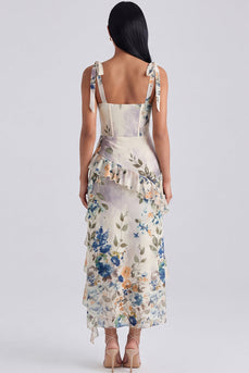 Floral Ivory Corset Sheath Ruffled Maxi Beach Formal Dress with Bows