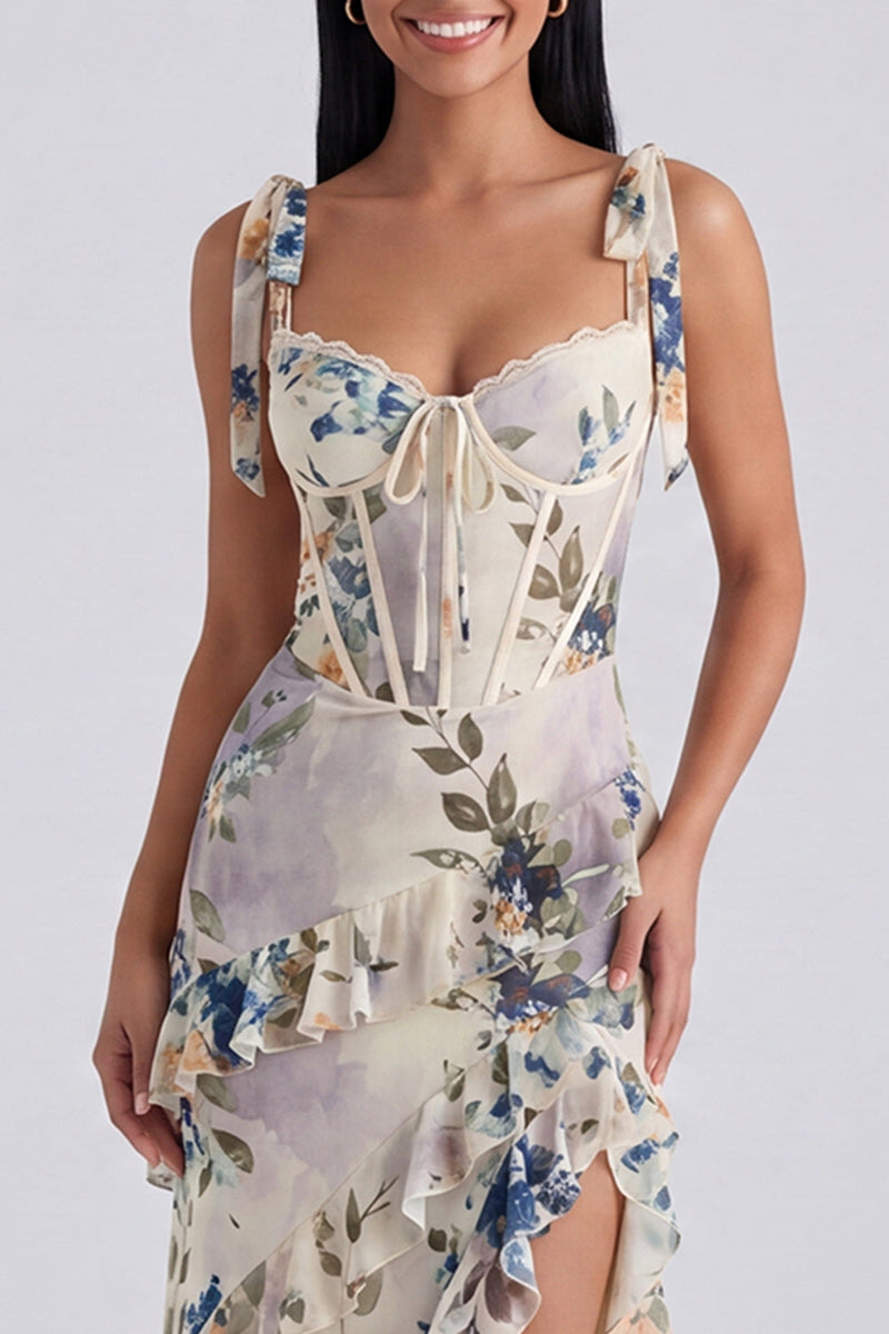 Load image into Gallery viewer, Floral Ivory Corset Sheath Ruffled Maxi Beach Formal Dress with Bows