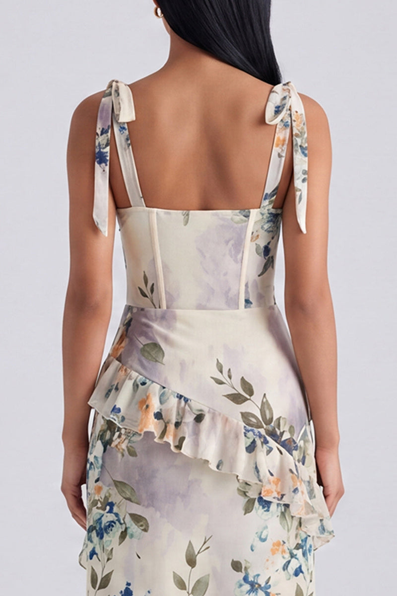 Load image into Gallery viewer, Floral Ivory Corset Sheath Ruffled Maxi Beach Formal Dress with Bows