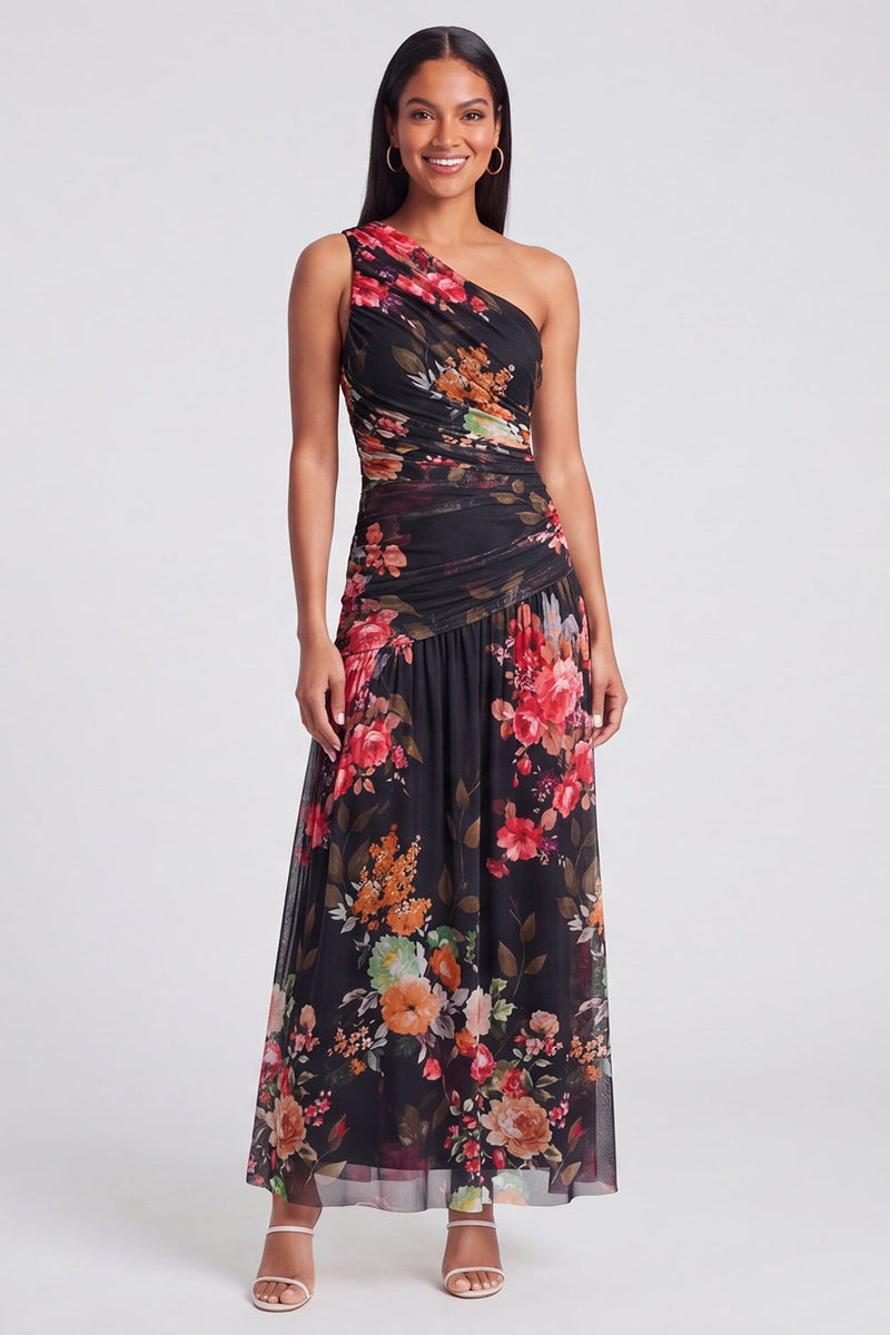 Load image into Gallery viewer, One Shoulder Floral A Line Ruched Ivory Maxi Beach Formal Dress