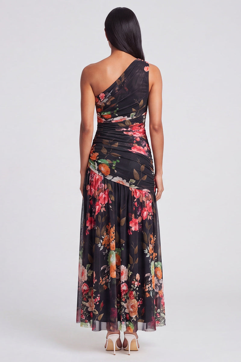 Load image into Gallery viewer, One Shoulder Floral A Line Ruched Ivory Maxi Beach Formal Dress