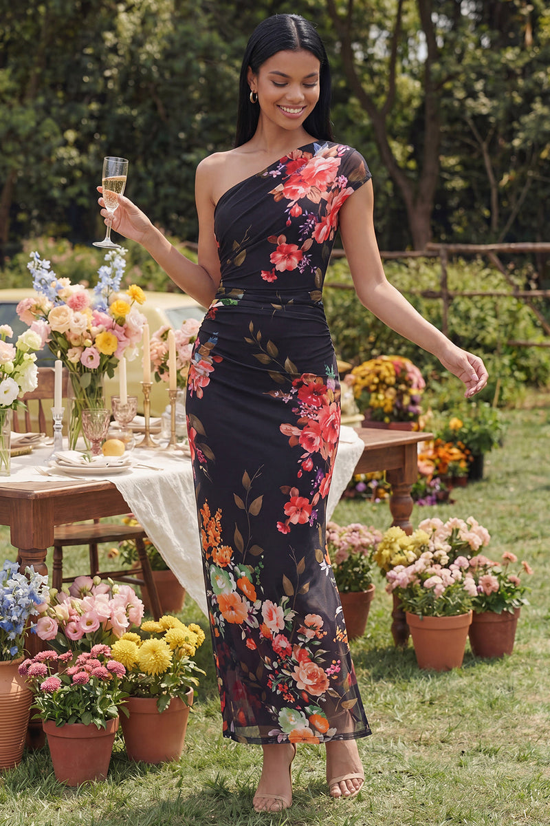 Load image into Gallery viewer, One Shoulder Floral A Line Ruched Ivory Maxi Beach Formal Dress