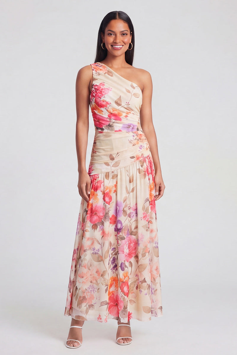 Load image into Gallery viewer, One Shoulder Floral A Line Ruched Ivory Maxi Beach Formal Dress