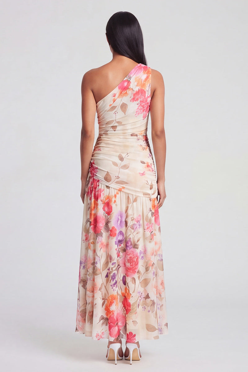 Load image into Gallery viewer, One Shoulder Floral A Line Ruched Ivory Maxi Beach Formal Dress