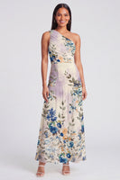 Load image into Gallery viewer, One Shoulder Floral A Line Ruched Ivory Maxi Beach Formal Dress