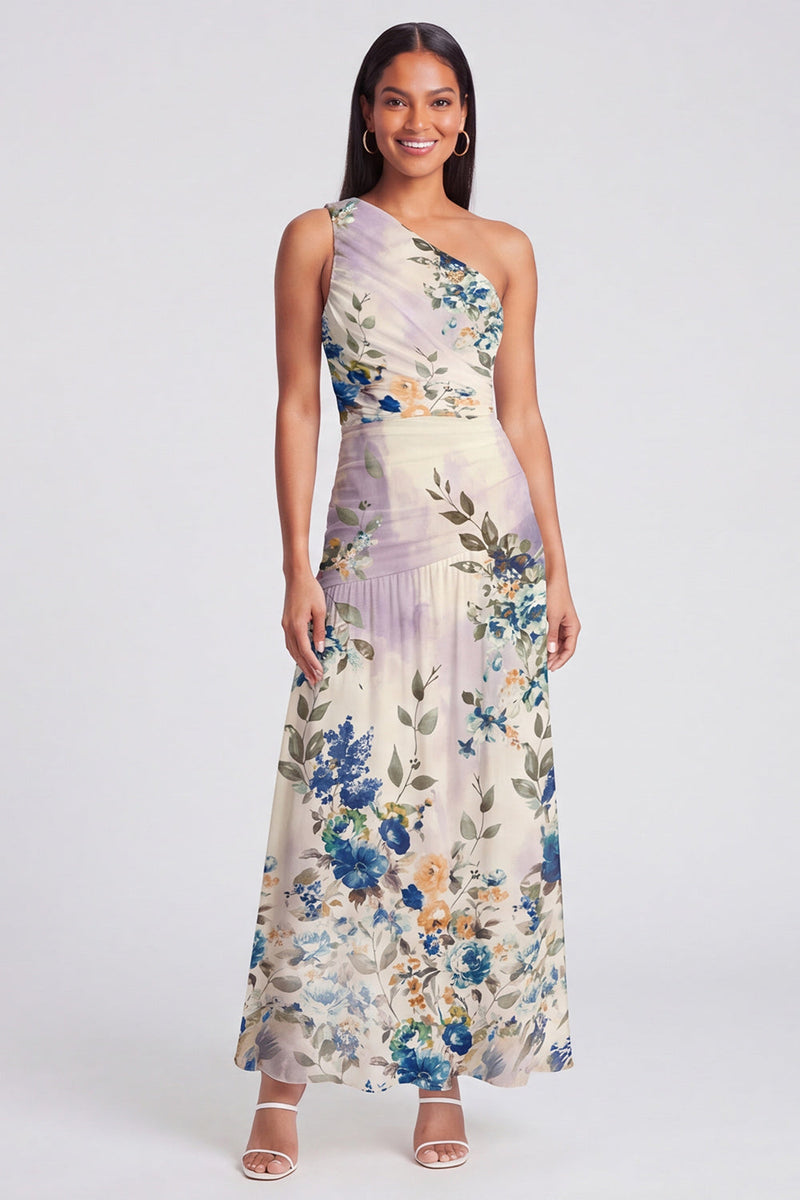 Load image into Gallery viewer, One Shoulder Floral A Line Ruched Ivory Maxi Beach Formal Dress