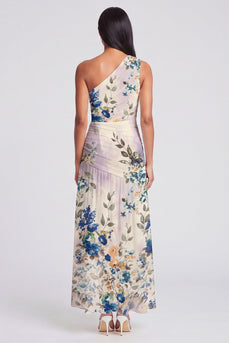 One Shoulder Floral A Line Ruched Ivory Maxi Beach Formal Dress