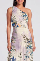 Load image into Gallery viewer, One Shoulder Floral A Line Ruched Ivory Maxi Beach Formal Dress