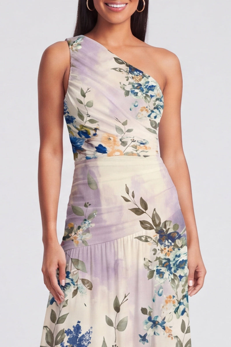 Load image into Gallery viewer, One Shoulder Floral A Line Ruched Ivory Maxi Beach Formal Dress