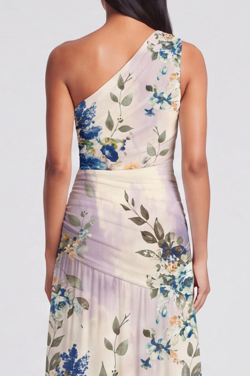 Load image into Gallery viewer, One Shoulder Floral A Line Ruched Ivory Maxi Beach Formal Dress