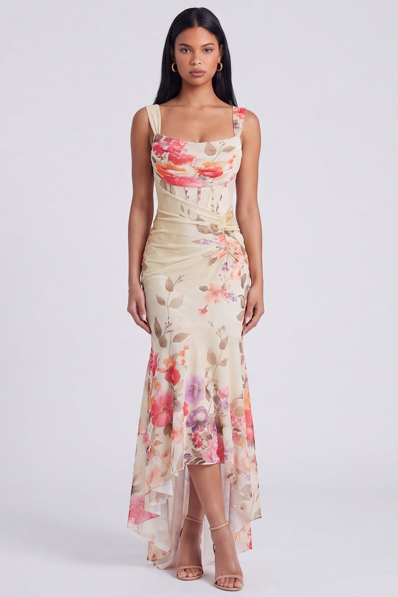 Load image into Gallery viewer, Corset Mermaid Ruched Ivory Maxi Floral Beach Formal Dress