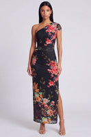 Load image into Gallery viewer, Black Sheath Ruched Floral Black Maxi Beach Formal Dress with Slit