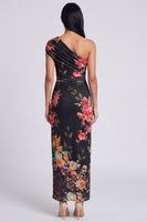 Load image into Gallery viewer, Black Sheath Ruched Floral Black Maxi Beach Formal Dress with Slit