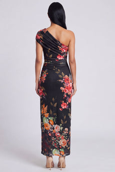 Black Sheath Ruched Floral Black Maxi Beach Formal Dress with Slit
