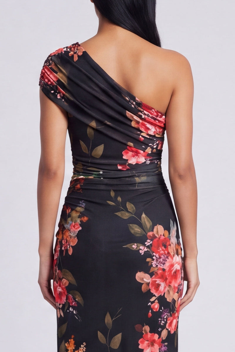 Load image into Gallery viewer, Black Sheath Ruched Floral Black Maxi Beach Formal Dress with Slit
