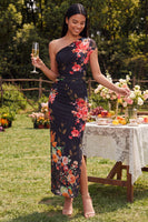Load image into Gallery viewer, Black Sheath Ruched Floral Black Maxi Beach Formal Dress with Slit