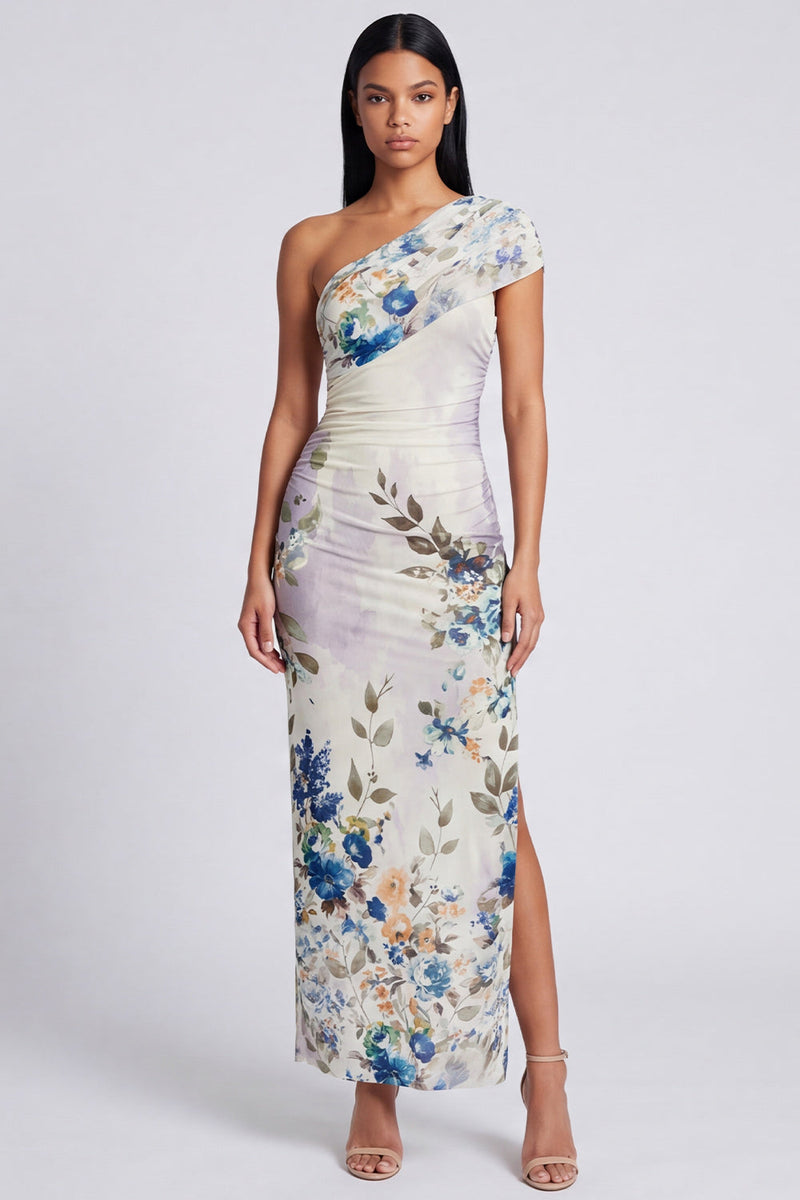 Load image into Gallery viewer, Black Sheath Ruched Floral Black Maxi Beach Formal Dress with Slit