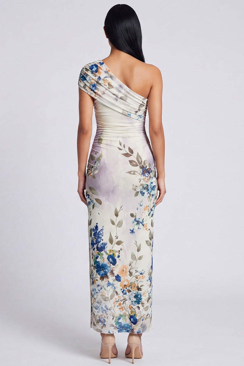 Load image into Gallery viewer, Black Sheath Ruched Floral Black Maxi Beach Formal Dress with Slit