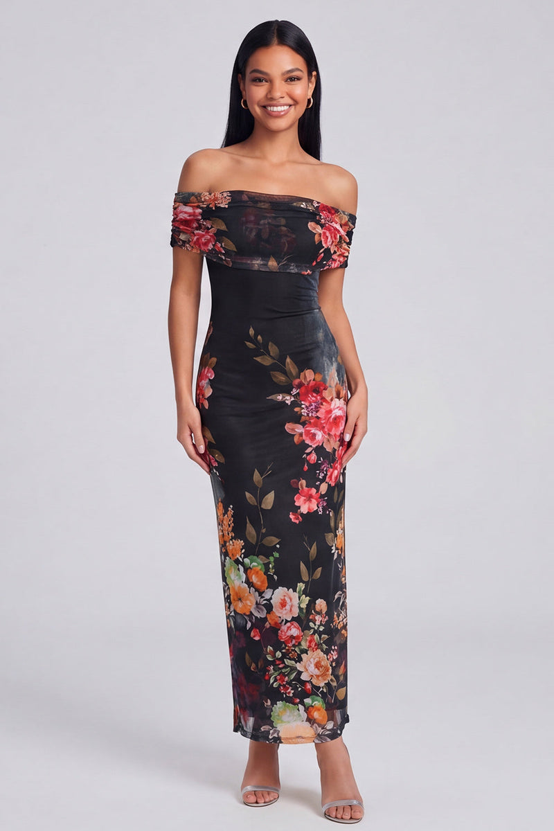 Load image into Gallery viewer, Ivory Off the Shoulder Sheath Ruched Floral Maxi Beach Formal Dress