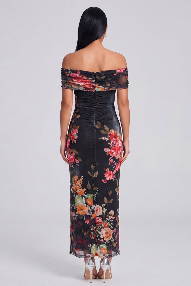 Load image into Gallery viewer, Ivory Off the Shoulder Sheath Ruched Floral Maxi Beach Formal Dress