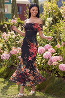 Load image into Gallery viewer, Ivory Off the Shoulder Sheath Ruched Floral Maxi Beach Formal Dress