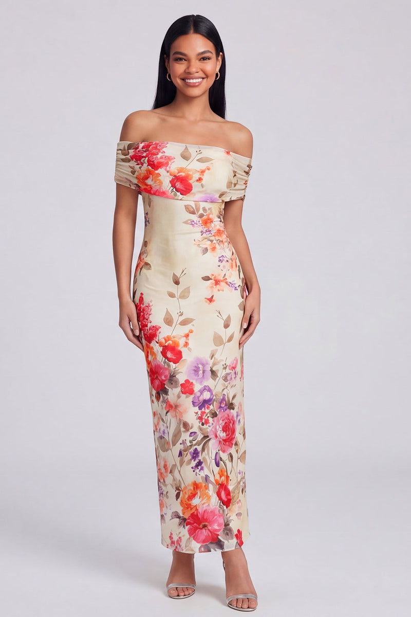 Load image into Gallery viewer, Ivory Off the Shoulder Sheath Ruched Floral Maxi Beach Formal Dress