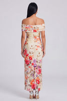 Load image into Gallery viewer, Ivory Off the Shoulder Sheath Ruched Floral Maxi Beach Formal Dress