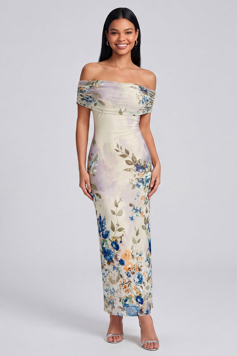 Load image into Gallery viewer, Ivory Off the Shoulder Sheath Ruched Floral Maxi Beach Formal Dress