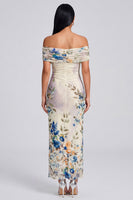 Load image into Gallery viewer, Ivory Off the Shoulder Sheath Ruched Floral Maxi Beach Formal Dress